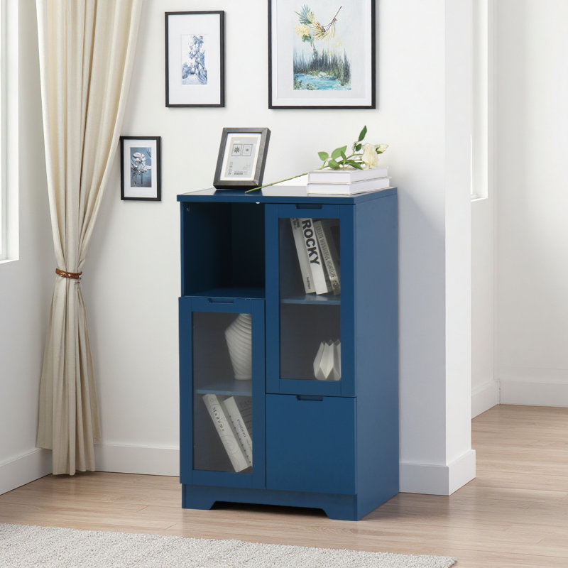 MDF Painted Cabinet With Glass Doors And Drawer, Open Storage Space, Blue