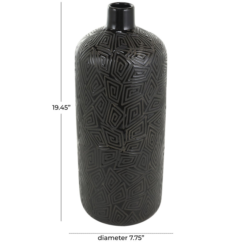 Ceramic Decorative Black Vase with Geometric Etchings, 19.45" H x 7.75" W x 7.85" D