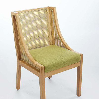 Rattan Dining Chairs, Side Chairs Solid Wood Frame with Decorative Armrests, Linen Upholstered Seat