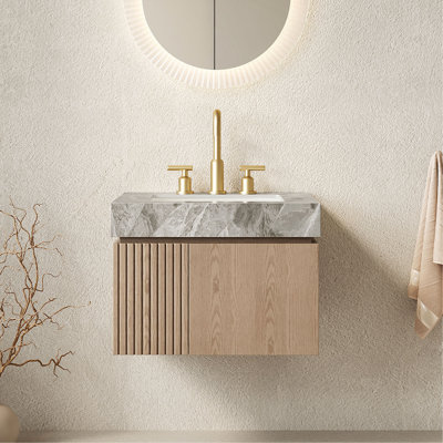 Meuble-lavabo de salle de bain 24 po Muri, meuble de rangement flottant en contreplaqué avec 2 portes, plateau en pierre frittée gris clair et lavabo en céramique avec 3 trous de robinet pré-percés, pré-assemblé, Heidelberg