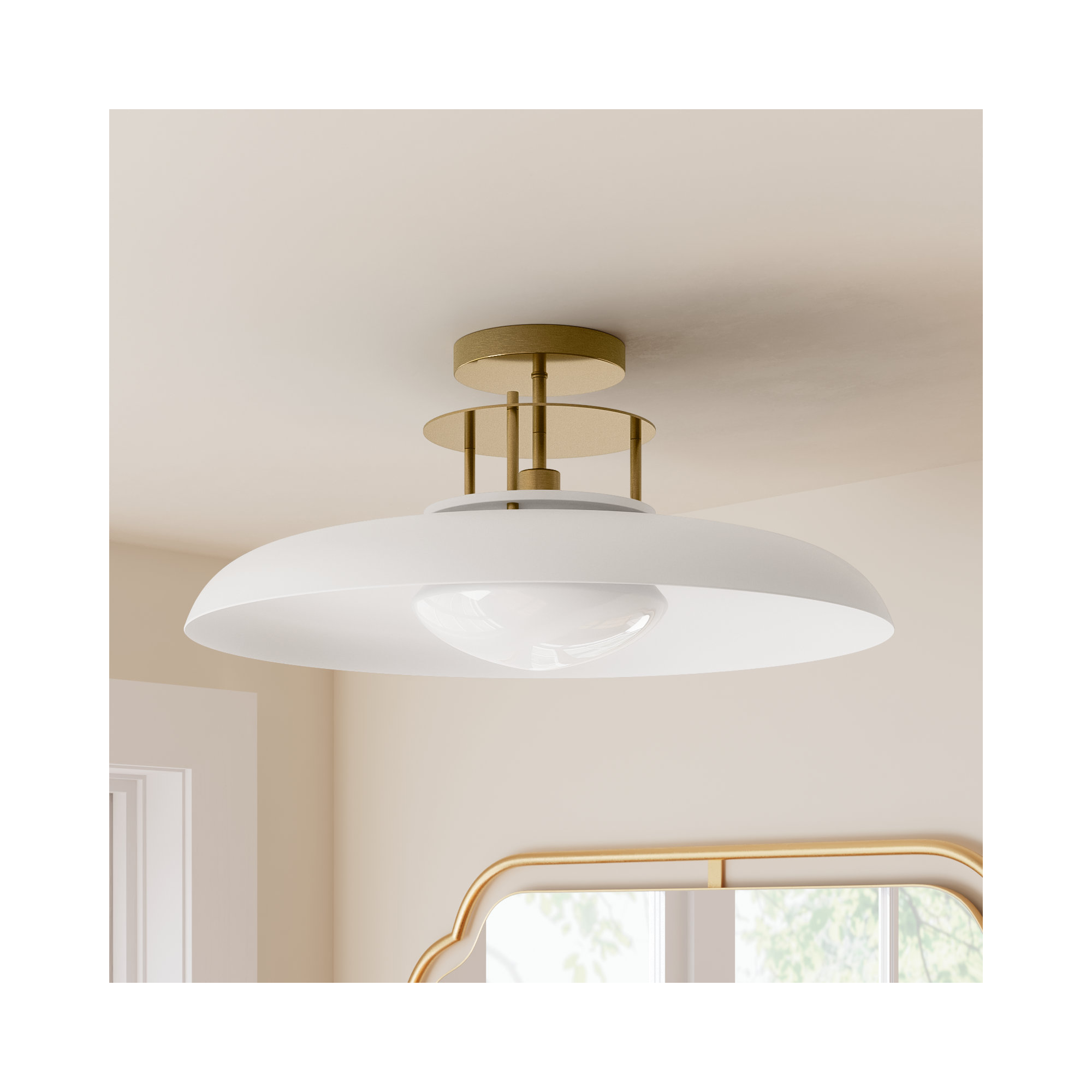 Jude Single Light Semi Flush Mount, Brass, White