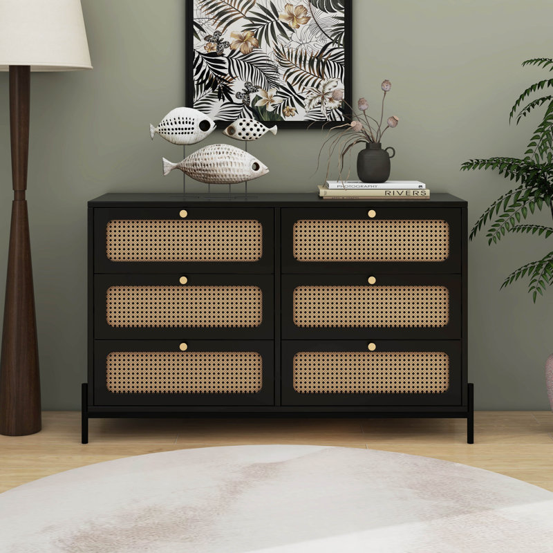 Buffet moderne en bois et rotin avec commode à 6 tiroirs