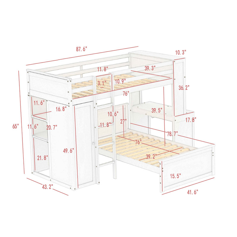 Florestan Kids Twin Over Twin Bunk Bed with Drawers, Gray