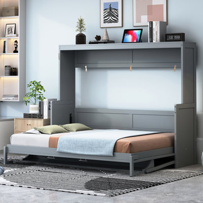 Queen Gray Bed With Hydraulic Desk Hinges And Space - Saving, For Small Rooms, Structure, Mattress Storage Option, 10 Inch Compatibility Size Lift, St