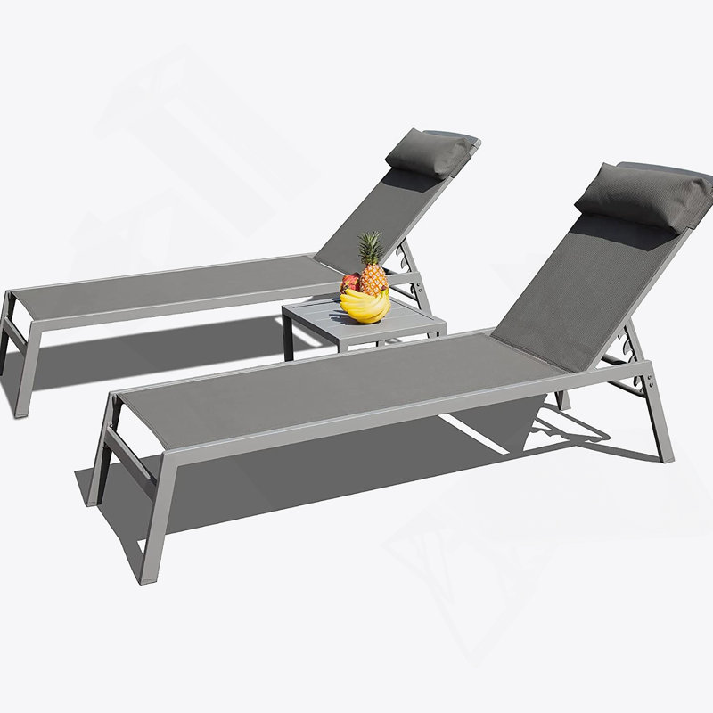Ensemble de chaises longues de patio, fauteuils inclinables de piscine réglables en aluminium 3 pièces avec tissu en textilène et table d'appoint pour la détente en plein air