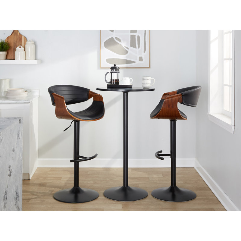 Arabelle Adjustable Faux Leather Bar Stool with Rounded T Footrest (Set of 2), Black, Black/Walnut Wood