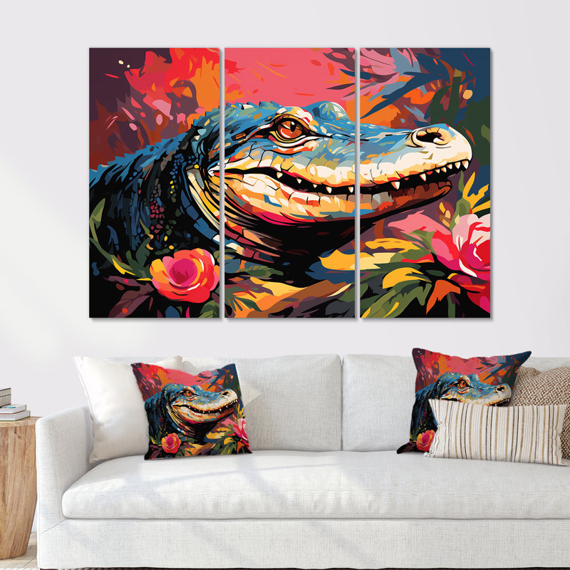 Pop Art alligator Blooms II - crocodile, art mural, Toile tendue, H 40 po x l 61 po