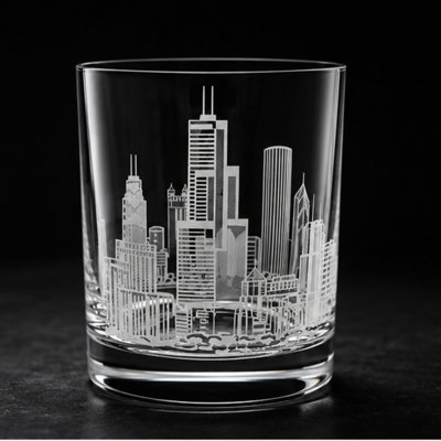 Chicago Skyline Engraved Whiskey Glass & Stemless Wine Tumbler, Premium Crystal Rocks Glass for Bourbon, Scotch & Cocktails, Chicago Gift
