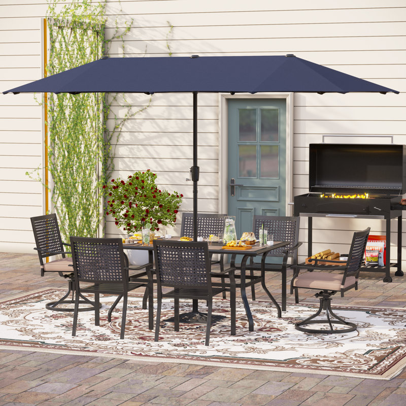 Ensemble de salle à manger rectangulaire pour 60 personnes avec coussins et parasol, Bleu