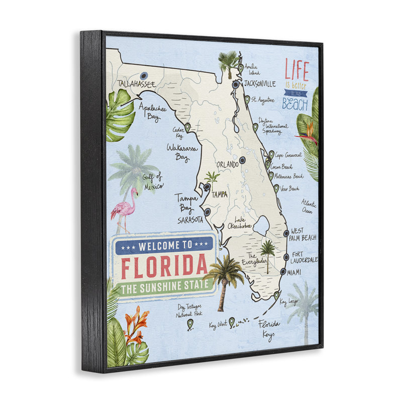 «Florida Map Beach Life», estampe numérique, conception de Kim Allen, H 20 po x l 16 po, Giclée encadrée noir minuit