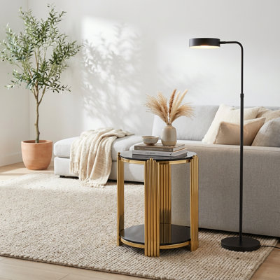 Table de bout ronde moderne avec plateau en verre trempé double couche et structure en métal doré pour le salon, le chevet ou le balcon