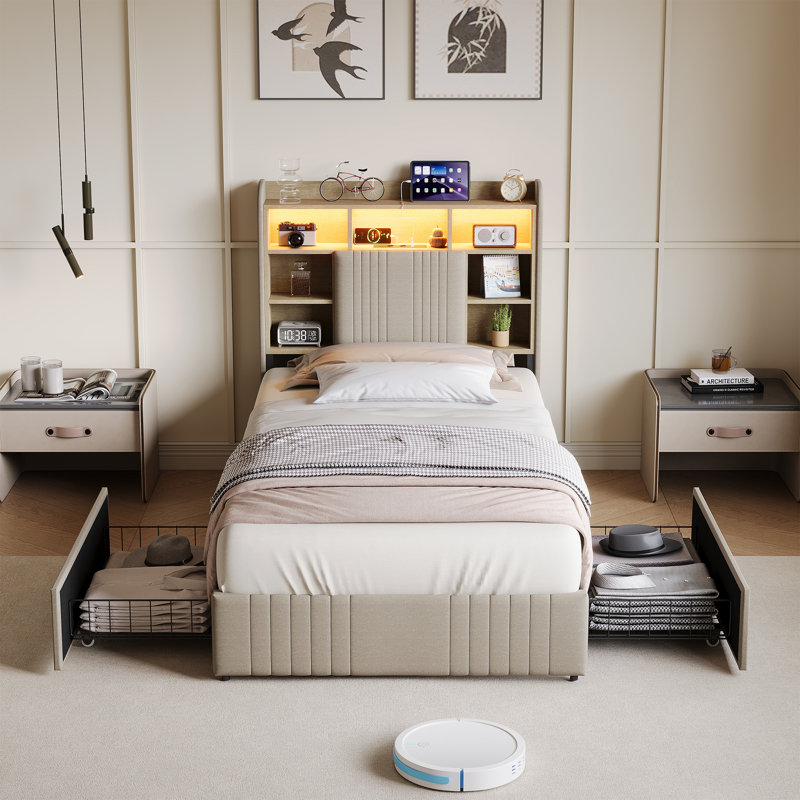 Upholstered Bed, European Single (90 x 200 cm), Beige