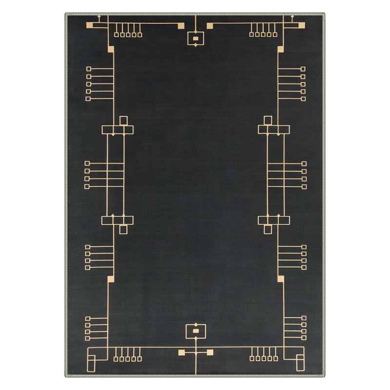 Tapis noir lavable à la machine à motif géométrique avec envers antidérapant Art Deco, Rectangle 9' x 12'