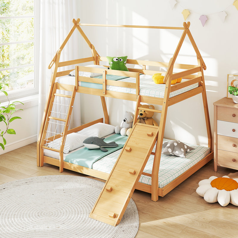 Lit superposé simple au-dessus de grand lit en bois avec filets d'escalade et rampe d'escalade, lit superposé bas pour enfants, aucun sommier nécessaire