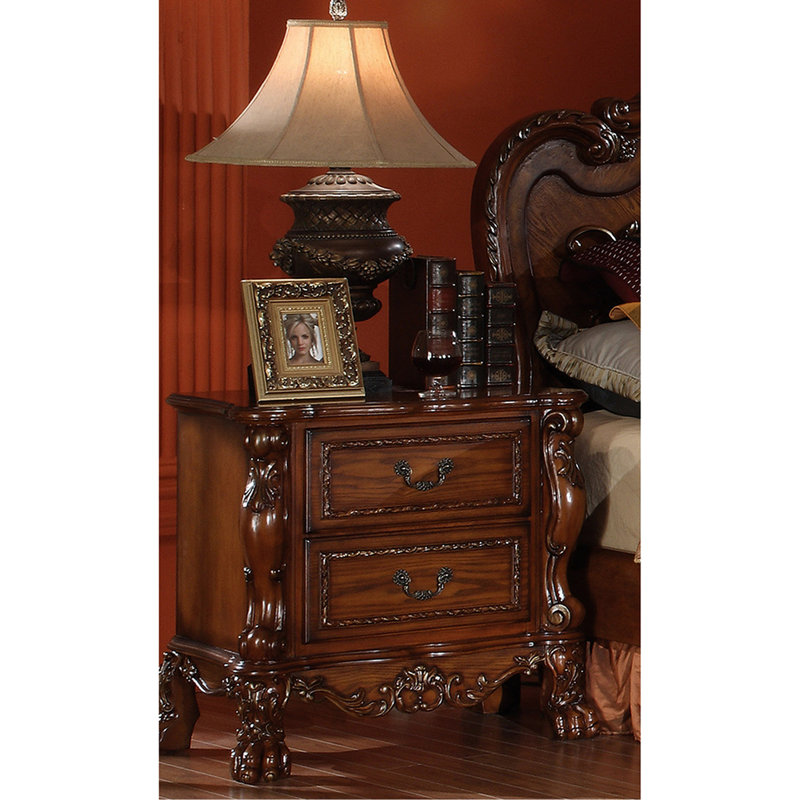 Table de chevet de chambre à coucher en chêne brun - 2 tiroirs avec rembourrage en feutre, bois massif +, glissières à roulement en métal cerisier et doublé de feutre, pour plus de commodité