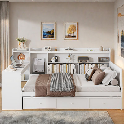 Wooden Daybed With 3 Drawers, Usb Ports And Desk