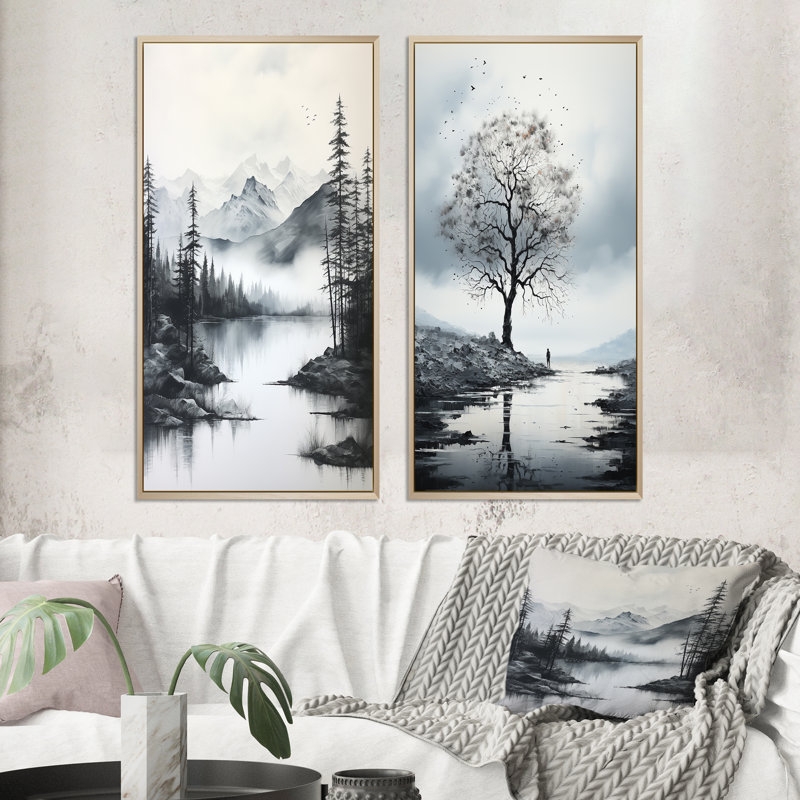 Arbre gris minimalisme solitude "Arbre gris minimalisme solitude" 2 pièces, H 32 po x l 32 po, Encadrement brun