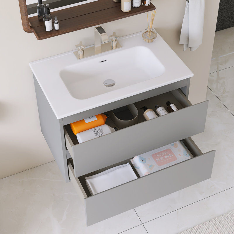 Meuble-lavabo mural simple avec comptoir intégré en céramique blanche, Gris, 30"