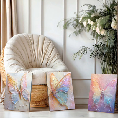 3 pièces d'art mural encadrées, ensemble de 3 pièces d'art mural sur toile, peintures de papillons colorés avec embellissements de perles, impressions abstraites texturées pour le salon, la chambre, la décoration intérieure, des œuvres d'art modernes prêtes à être suspendues