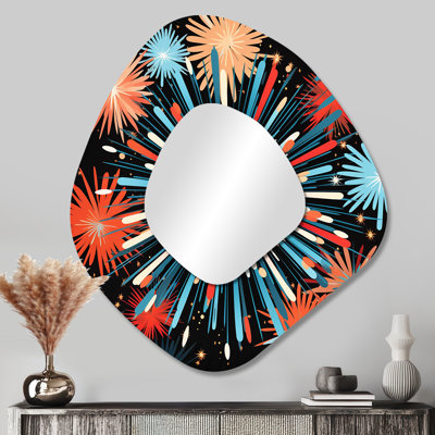 Feux d'artifice Guernsey bleu et jaune Illumination 1 - grand miroir mural asymétrique avec feux d'artifice, miroir unique de forme irrégulière moderne