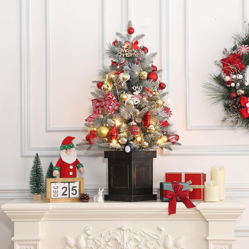 Ensemble de 2 sapins de Noël artificiels 3 pi avec 78 lumières DEL, arbre de Noël floqué avec base brune, fonction minuterie, à piles, pour la décoration de Noël