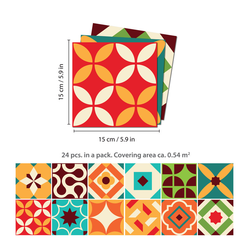 Menik 15cm W x 15cm L PVC Peel and Stick Mosaic Tile, Orange/Blue/Yellow/Red