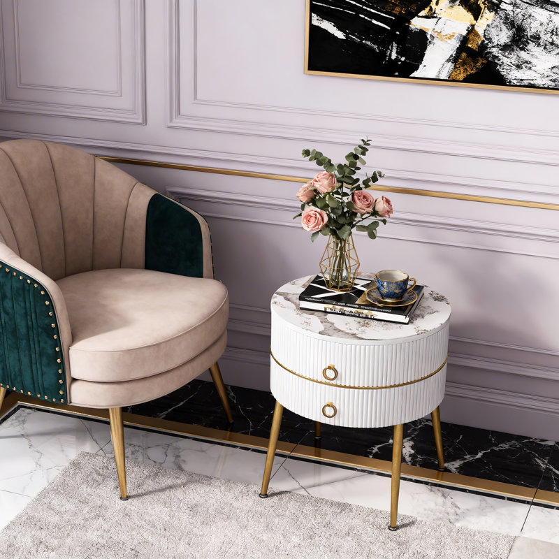 Midwest 21.85" H 2-Drawer End Table , White Marble/Gold