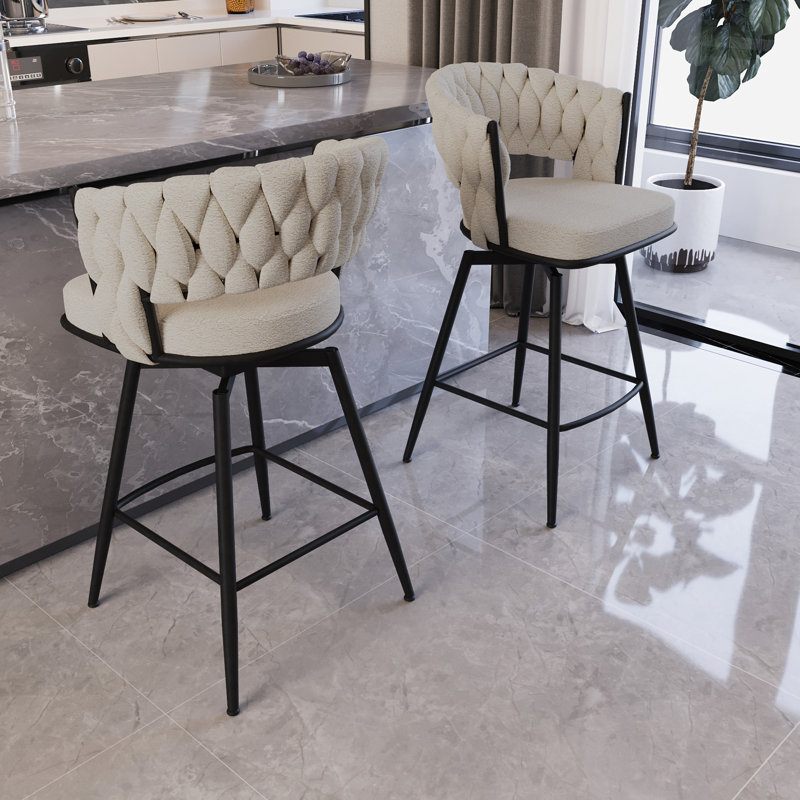 Tabouret de bar 26 po de 2 personnes, blanc. Design tissé en lin, fonction pivotante à 360 °. Base en métal, rembourrage. Pour tabourets blancs de bar, de café et d'îlot de cuisine. Siège pivotant et confortable. Fabrication, convient à divers