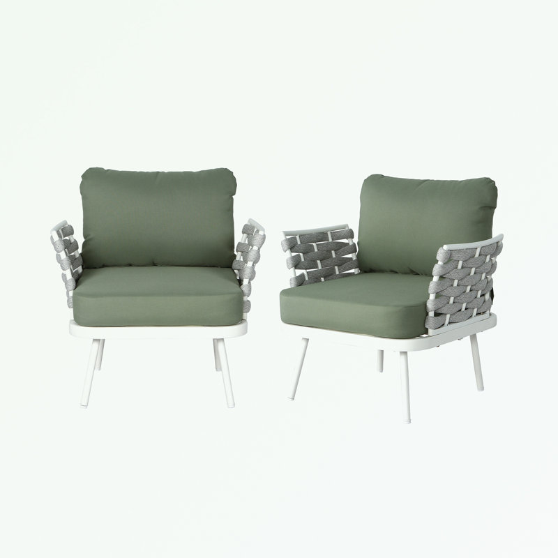 Ensemble de 2 fauteuils club en acier avec coussins moelleux, Coussin vert / panneau blanc cassé