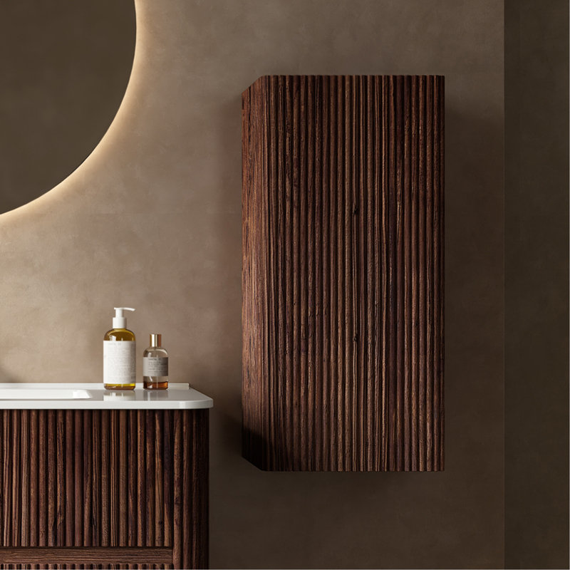 14" Wall-Mounted Floating Striped Bathroom Vanity Side Cabinet With A Door And A Shelf, Walnut
