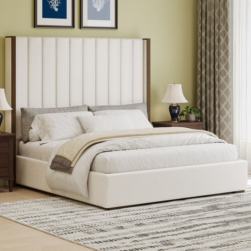 67.5" Tall Headboard Upholstered  Bed With Vertical Striped And Wingback Design, Box Spring Needed, Linen, King