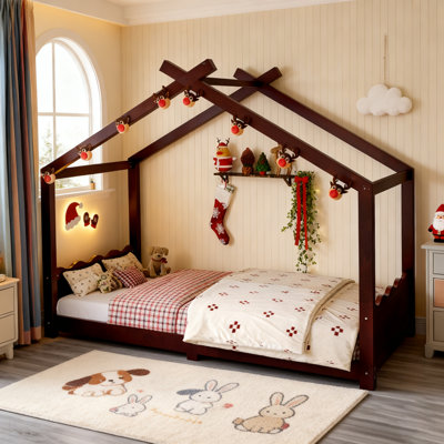 House Floor Bed With Support Slats, Solid Wood Frame For Kids, No Box Spring Needed