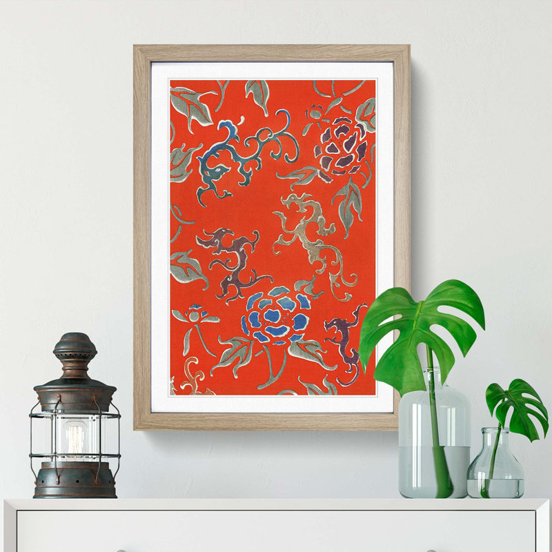 Orange Floral Pattern by Watanabe Seitei - Picture Frame Painting Print, 36cm H x 27cm W x 2cm D, Oak Framed
