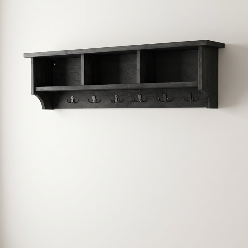 Portemanteau mural 48 po avec crochets et casiers de rangement Pomona, noir rustique, Black