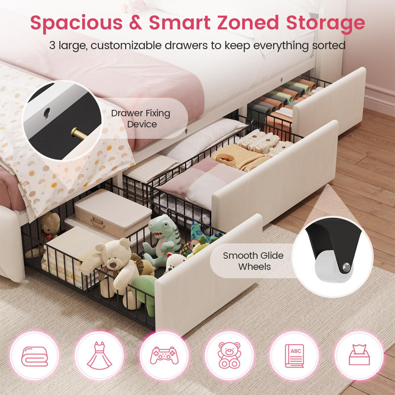 Full-Size Led Bed Frame With 3 Extra-Large Storage Drawers, Padded Storage Headboard With Power Outlet, Velvet Princess Castle Platform Bed, Sturdy Metal Frame, Beige.