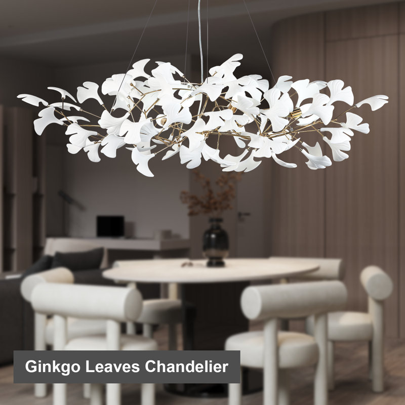 Lustre en céramique avec feuilles de ginkgo, H 21 po x l 39,5 po x P 39,5 po