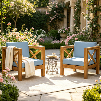 Set of 2 Mid-Century Modern Outdoor Acacia Wood Club Chair with Water-Resistant Cushion, Patio Conversation Lounge Chair for Backyard, Deck & Porch – Durable Solid Hardwood Frame, Easy Assembly