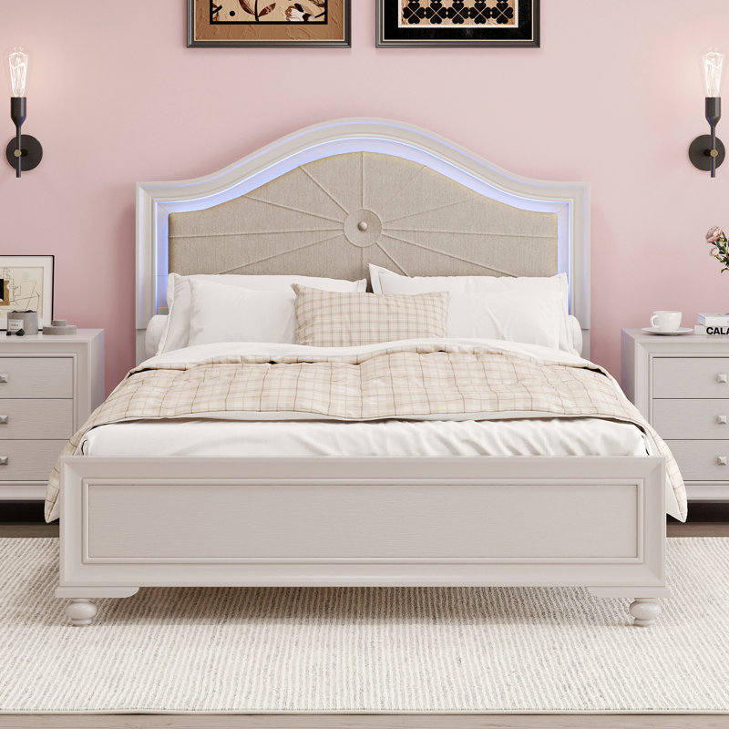 Lit moderne en bois avec tête de lit tapissier incurvée à DEL cachée, sans sommier tapissier, gris crème, Grand lit