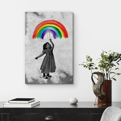 Pop Urban Street " Banksy Girl Rainbow Umbrella " Painting Print