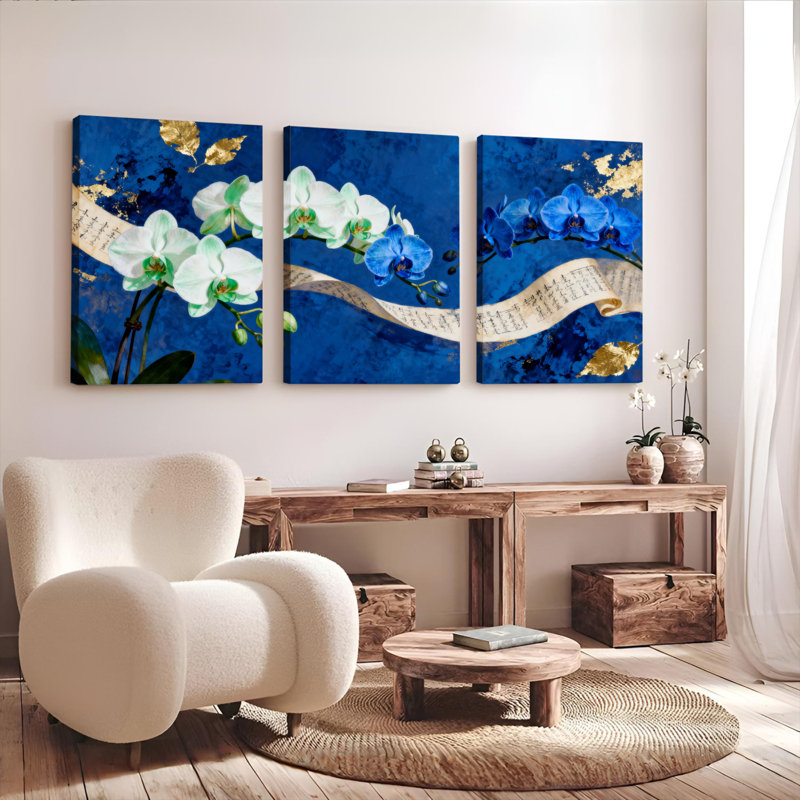 Orchidée à motif floral bleu doré sur toile tendue, ensemble de 3 décorations pour salon, H 18 po x l 36 po