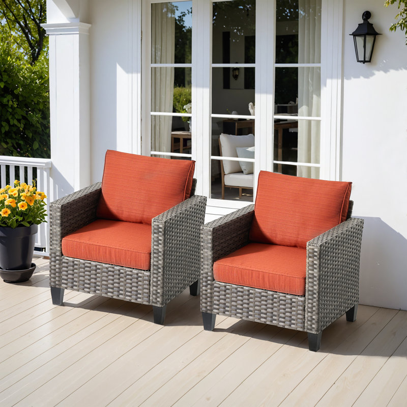 Amerissa 2 - Person Outdoor Wicker Chairs, All Weather Rattan Chairs with Comfy Cushions, Orange Red