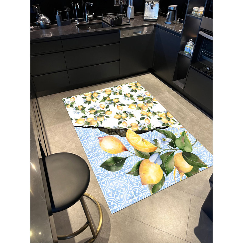Tapis bleu tissé à imprimé numérique, Tapis de couloir 3 pi 3,37 po x 6 pi 6,74 po