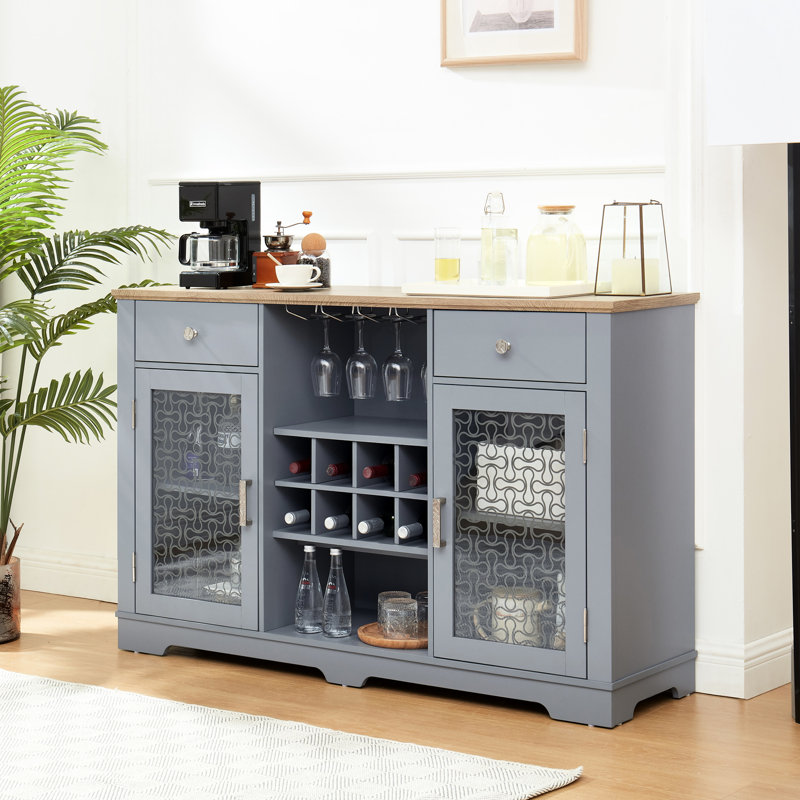 Buffet avec 2 tiroirs, support à vin et verre, armoires à portes séduisantes, pour la cuisine, bleu / chêne bleu chêne 4, rangement, salle à manger