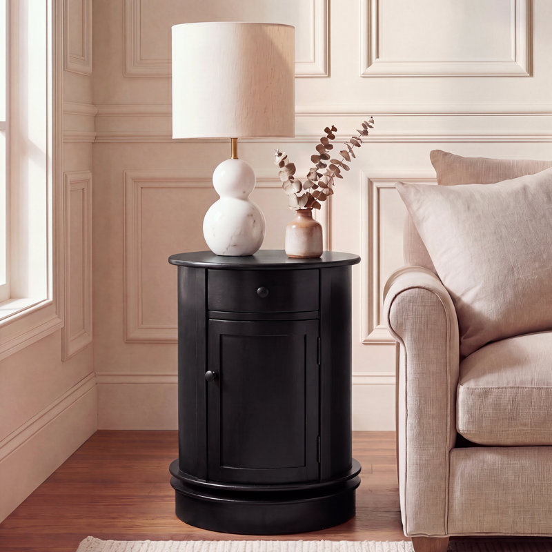 Regan Solid Wood Swivel Drum End Table with Storage, Distressed Black