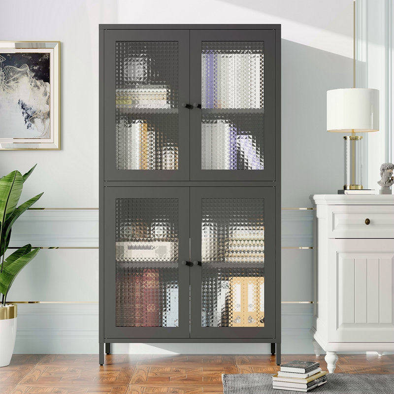 Classic Metal Storage Cabinet Display Cabinet With 4 Glass Doors 4 Shelves Cabinet Bookcase Side Cabinet For Home Office Living Room Kitchen Hallway Waffle Grids Tempered Glass