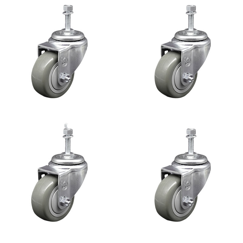 3.5 Inch SS Polyurethane Wheel Swivel 3/8 Inch Threaded Stem Caster Set, Gray