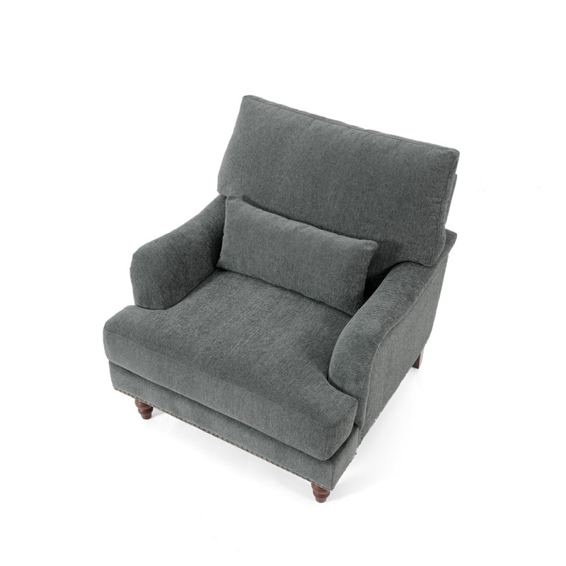 Upholstered Gray Nailhead Trim Accent Chair with Throw Pillow and Solid Wood Legs (Set of 2), Gray Chenille