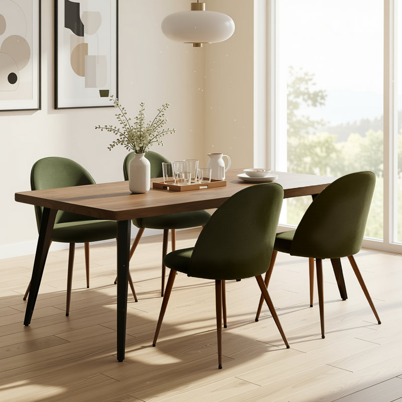 Ensemble de table de salle à manger rectangulaire 63 po avec 4 chaises rembourrées Hozel, Dark Walnut, Olive Green