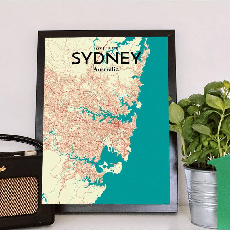 Sydney City Map - impression d'art graphique, H 24 po x l 18 po x P 0,05 po
