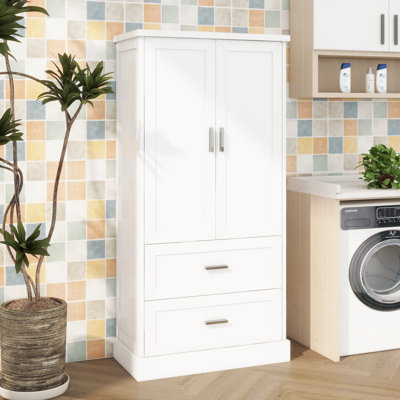 Grande armoire de rangement, armoire de rangement pour plancher de salle de bain avec 2 portes, 2 tiroirs et tablette réglable pour la salle de bain, le bureau et le salon